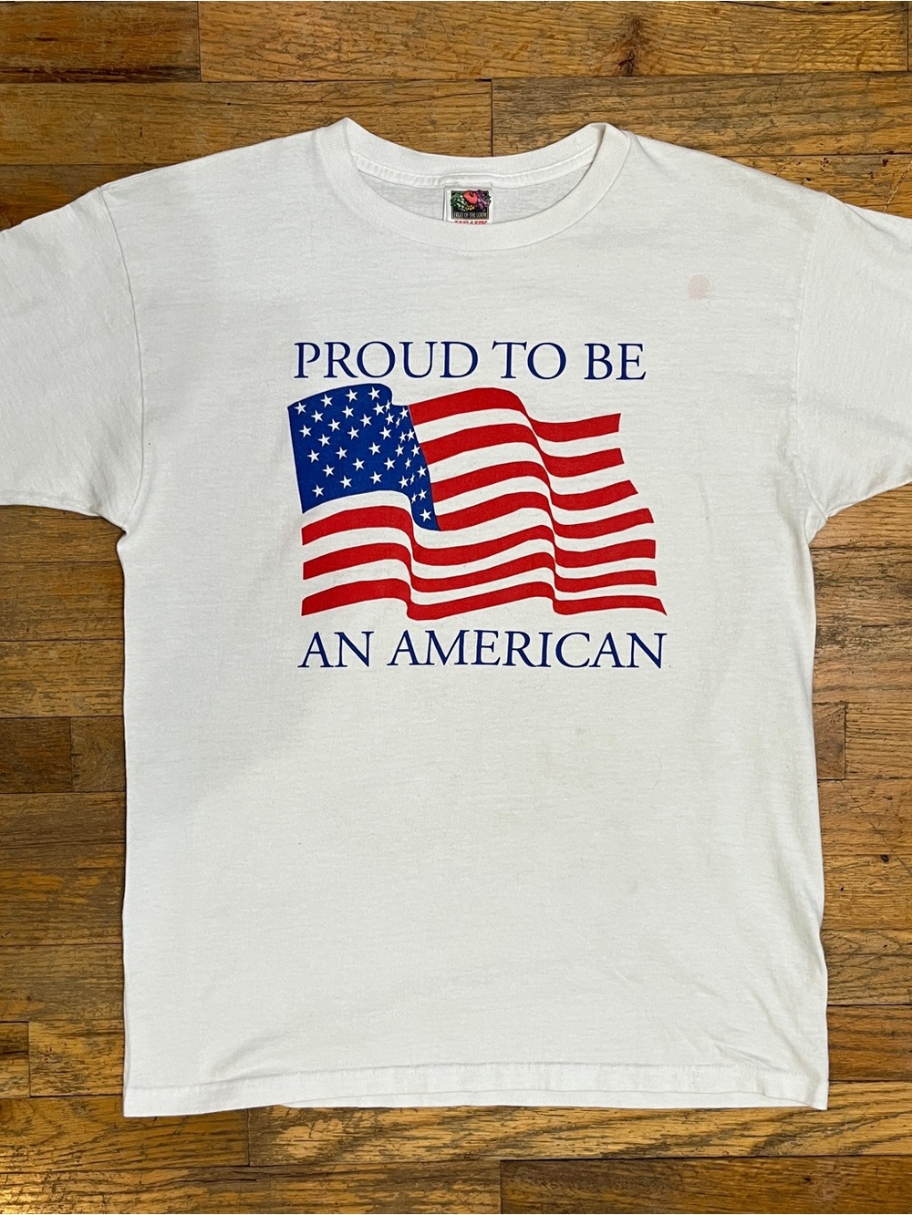 Fruit of the Loom White Tee with Red & Blue Flag Graphic